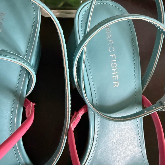 Marc Fisher Ankle Strap Open Toe High Heels Blue Yellow Pink - New - Picture 2 of 5